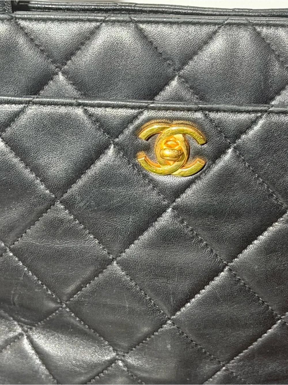 CHANEL Vintage Black Quilted Top Handled Handbag Gold CC Logo
